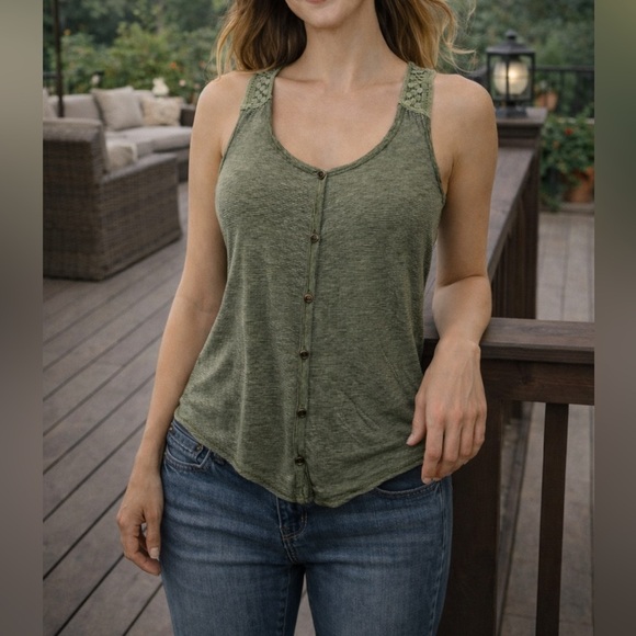 h.i.p. Tops - H.I.P. Sage Green Racerback Lace Button-Front Tank Top | Boho Summer Top | M